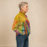 MARA | FARBFROHEN SONNEN-COLLAGE DRUCK STRICK-PULLOVER MIT STEHKRAGEN